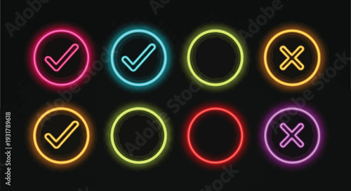 Neon glowing circles with checkmarks and an x on dark background