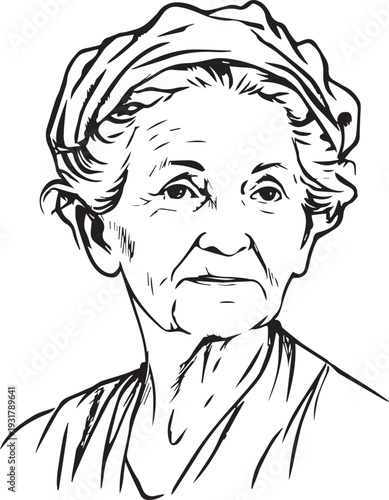 Old Woman Black and White Avatar Illustration in Minimal Line Art Style Design