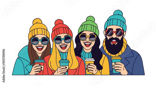 Four people with winter hats and drinks posed closely together