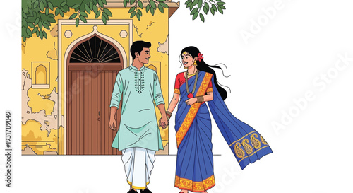 Indian couple dressed in traditional attire walking hand in hand