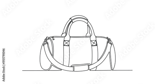 Continuous line drawing of a modern duffel bag on a white background