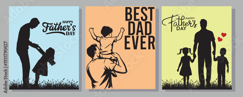 Happy Father's Day Greetings with dad and son.,  A loving father and his young daughter are holding hands and playing together in a grassy field