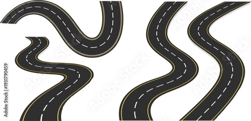 Curved Road Illustration Set with Winding Asphalt Paths, Highway Elements, and Transportation Route Design for Maps, Navigation, and Infrastructure Projects