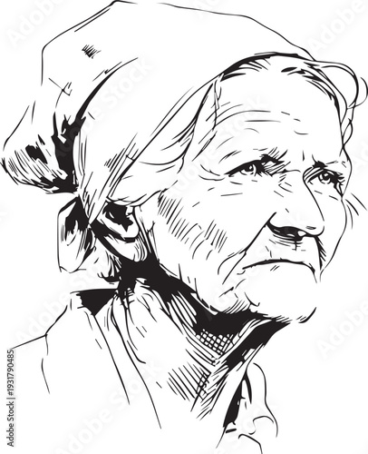 Old Woman Black and White Avatar Illustration in Minimal Line Art Style Design
