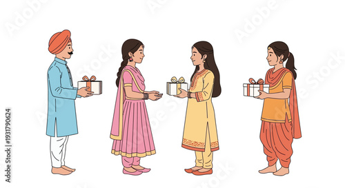Four people exchanging gifts depicting a traditional indian celebration