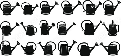 Black Vector Watering Can Silhouette Set Featuring Various Garden Irrigation Tools, Spouts, And Handles For Horticulture And Organic Farming Projects.