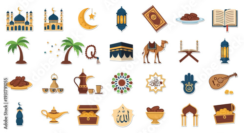 Colorful islamic icons depicting religious symbols architecture and cultural items