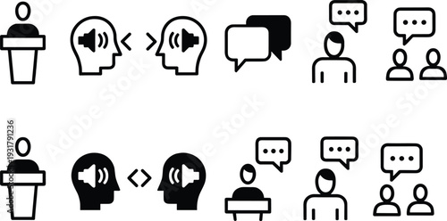 Communication and public speaking icons set, conversation, dialogue, presentation podium, speech bubbles, discussion group, feedback symbols vector illustration collection