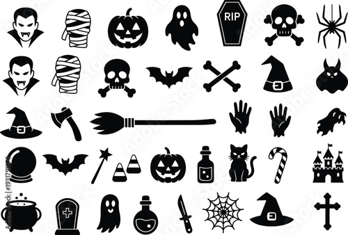 Halloween icons set, spooky horror symbols collection with pumpkin, ghost, vampire, witch hat, skull, bat, haunted elements vector illustration