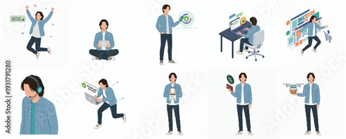 Simple Style Young Man Different Activities and Professions Flat Illustration Set