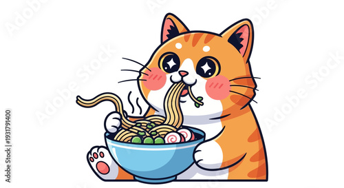 Cute cartoon cat happily eating steaming ramen noodles. Adorable feline character with sparkling eyes and rosy cheeks enjoying Asian comfort food. Vector illustration