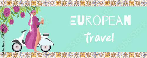 Travel around the Europe, template horizontal banner. Hand drawn vector illustration.