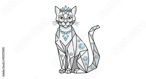 Abstract geometric cat illustration adorned with sparkling blue diamonds and a regal crown, embodying elegant beauty and modern polygonal art