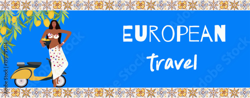 Travel around the Europe, template horizontal banner. Hand drawn vector illustration.