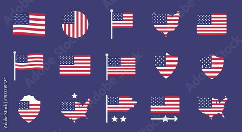 Diverse collection of United States national flag illustrations, featuring various shapes and forms, perfect for celebrating national holidays and expressing patriotic pride