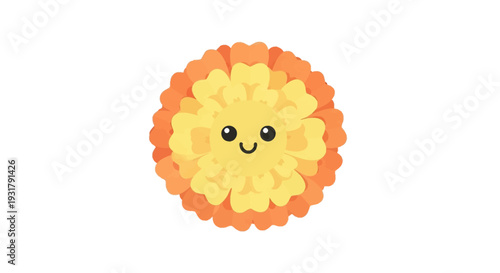 Vibrant and cheerful cartoon flower with a heartwarming smile, a delightful orange and yellow blossom illustration exuding joy and friendliness, ideal for happy creative projects