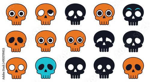 Set of cartoon skull icons with various expressive facial features and colors