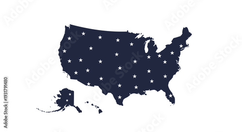 Stylized silhouette map of the United States of America adorned with a scattering of stars, representing the diverse states and the powerful concept of national unity and identity