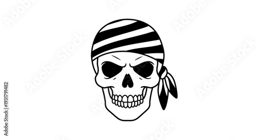 A Black and White Illustration of a Skull Wearing a Bandana, Representing Danger or a Pirate Theme