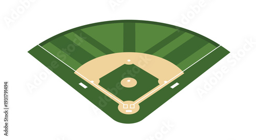 Aerial view of a baseball field with bases, pitcher's mound, and outfield grass, perfect for sports and recreation themes