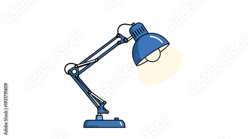 Functional and sleek illustration of a blue desk lamp, emitting a bright light, perfect for workspace or study themes.