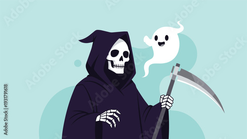 Playful yet eerie illustration of a grim reaper holding a scythe, accompanied by a cute, friendly smiling ghost.