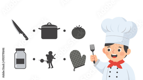 Cheerful illustration of a young boy chef surrounded by essential cooking icons, including a knife, pot, tomato, and oven mitt.