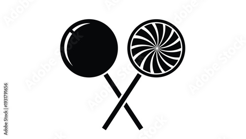 Simple black and white icons of two lollipops, one solid and one with a classic swirl design, symbolizing sweet treats.