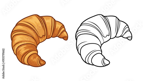Delicious illustration of a flaky, golden-brown croissant, presented in both full color and a clear black and white outline.