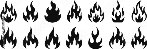 Black fire flame icon set featuring abstract burning shapes silhouettes isolated on white background for heat, energy, danger design