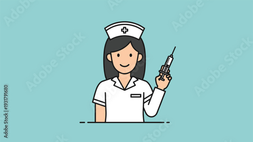 Friendly illustration of a smiling nurse wearing a cap, confidently holding a syringe, symbolizing healthcare and vaccinations.