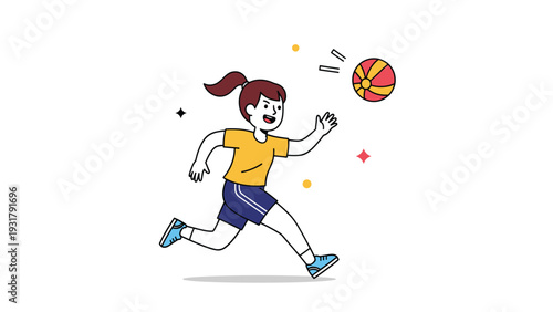 Dynamic and joyful illustration of a happy girl actively running and playing with a colorful ball, radiating energy and fun.