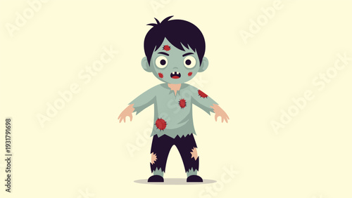Cartoon illustration of a cute little zombie boy with messy black hair and torn clothes, perfect for Halloween celebrations and children's spooky themes.