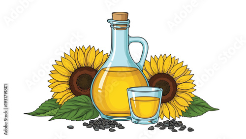Wholesome sunflower oil in a glass bottle and cup, surrounded by vibrant sunflowers and nutritious seeds, ideal for organic food, cooking, and healthy lifestyle themes.
