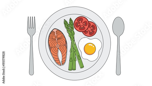 Healthy and balanced meal featuring grilled salmon, fresh asparagus, sliced tomatoes, and a fried egg on a white plate, promoting nutritious eating habits.