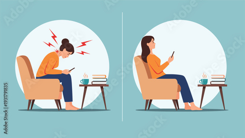 Comparative illustration showing proper and poor posture while using a mobile phone, emphasizing the importance of ergonomics and spinal health for well-being.