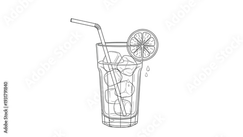 Refreshing glass of iced tea with lemon slice and straw, presented as clean line art, perfect for beverage menus, summer drinks, and healthy lifestyle illustrations.