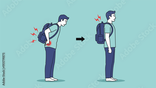 Illustration showing a man experiencing back pain from bad backpack posture, then demonstrating proper posture for spinal health and comfort, promoting ergonomics.
