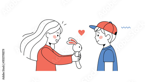Thoughtful girl happily giving a plush bunny toy as a gift to a smiling boy, symbolizing friendship, sharing, and the joy of giving.