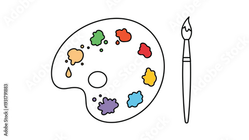 Artist's palette with vibrant paint dabs and a paintbrush, rendered as simple line art, perfect for art classes, creative projects, and coloring activities.