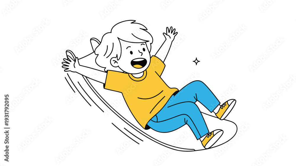 Obraz premium Happy little boy with a joyful expression, enthusiastically sliding down an unseen surface with arms outstretched, symbolizing childhood fun and active play.
