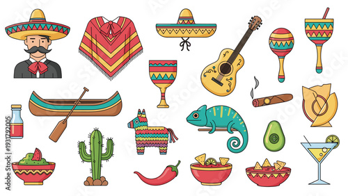 Diverse collection of Mexican cultural icons, including a mariachi, sombrero, poncho, guitar, maracas, cactus, and traditional food, celebrating vibrant heritage.