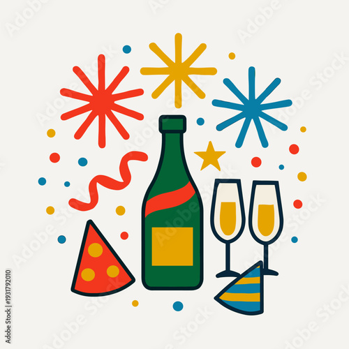 Champagne bottle glasses party hat fireworks confetti stars celebration icons