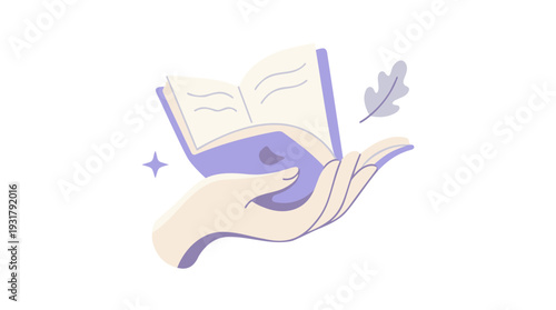 Open book in hand gently presenting knowledge, literary education & copyright, modern pastel flat design, isolated vector art