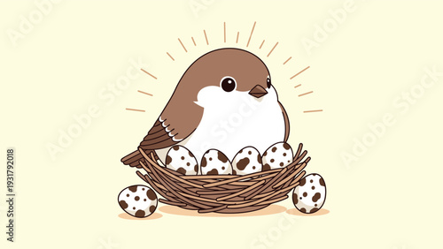 Adorable cartoon bird sitting gently in a cozy nest, surrounded by speckled eggs, symbolizing new life, spring, and the nurturing aspects of nature.