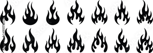 Black flame fire silhouette icon collection isolated on white background for hazard warning, heat symbol and logo design
