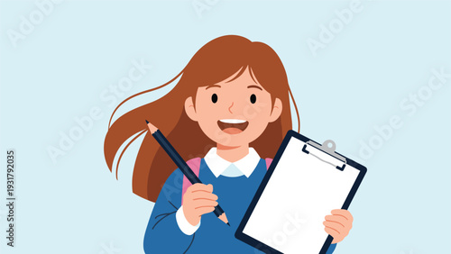 Happy schoolgirl with long brown hair, enthusiastically holding a pencil and a blank clipboard, ready for learning, exams, and creative tasks.