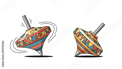 Two colorful traditional spinning tops, one actively in motion and the other at rest, illustrating principles of physics, play, and childhood fun.