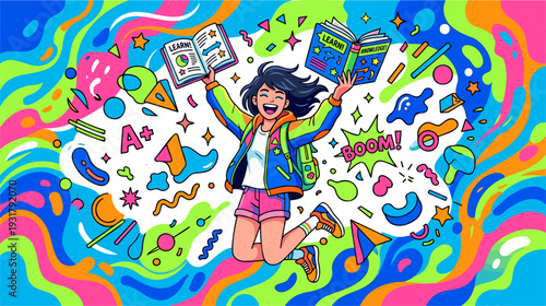 Happy Student Girl Jumping with Open Books, Learning Education, Knowledge, Copyright. Vibrant Cartoon Flat Style Vector Illustration.