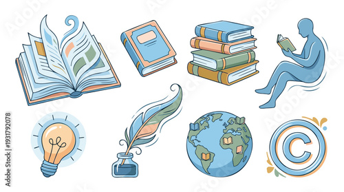 Books Reading Copyright Icons Open Book Stacks Reader Quill Lightbulb Globe - Knowledge Education Intellectual Property - Flat Vector Art Pastel Colors - Isolated Graphic Set